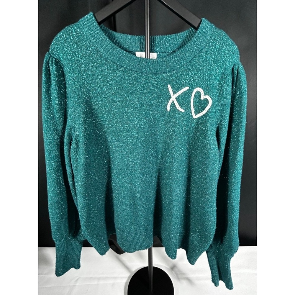 Lauren Conrad Teal Glitter Knit Sweater XO Heart Women's XL Cozy‎ Casual